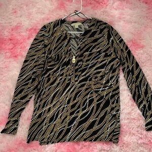 NWOT Michael Kors gold/black chain pattern blouse with front zipper & pockets XL